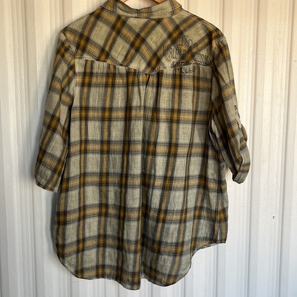 HARLEY DAVIDSON Short Sleeve Pearl Button Shirt in Gold Gray Plaid Womens 2XL - Picture 7 of 8
